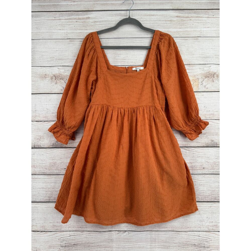 Madewell Puff-Sleeve Waisted Mini Dress Womens 8 Mulled Cider Brown Orange